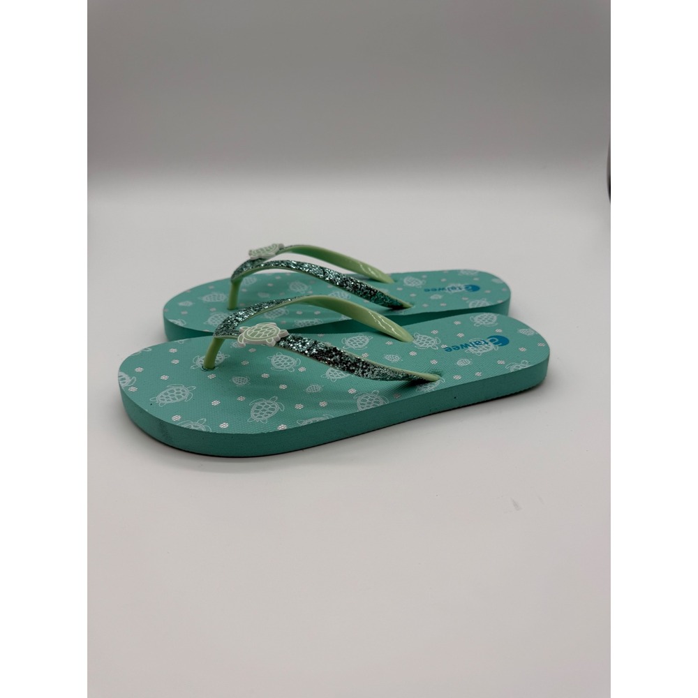 Girls Sea Turtle Glitter Flip Flop Sandals Teal Blue Green Size 4 Kids